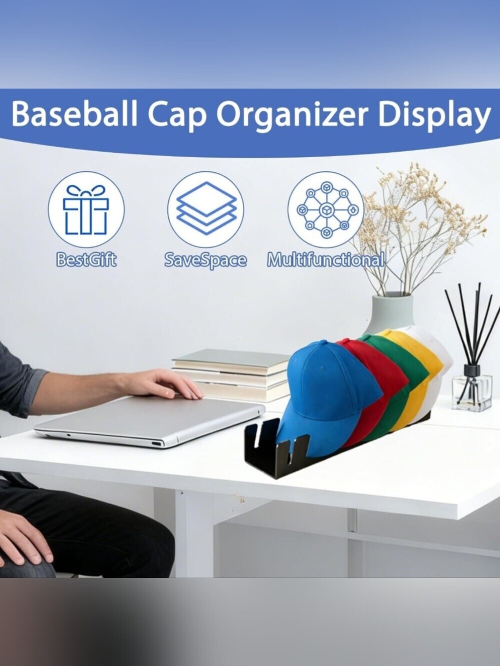 Baseball Cap Organizer Display - Black Rack Set of Two Stand For 20 Caps.